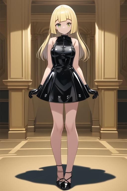 Black latex dress, black gloves, lillie, 1girl, solo, medium breasts, standing, looking at viewer, indoor, golden basement, fullbody, (extremely detailed CG unity 8k wallpaper), (ultra-detailed), (best illustration),(best shadow), (an extremely delicate and beautiful), finely detail, (shine),