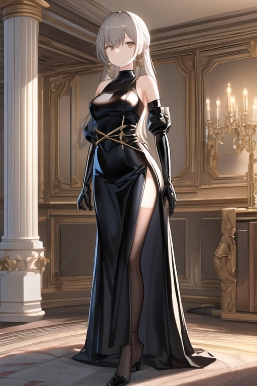 Black latex dress, black gloves, bronyarand, 1girl, solo, medium breasts, standing, looking at viewer, indoor, golden basement, fullbody, (extremely detailed CG unity 8k wallpaper), (ultra-detailed), (best illustration),(best shadow), (an extremely delicate and beautiful), finely detail, (shine),