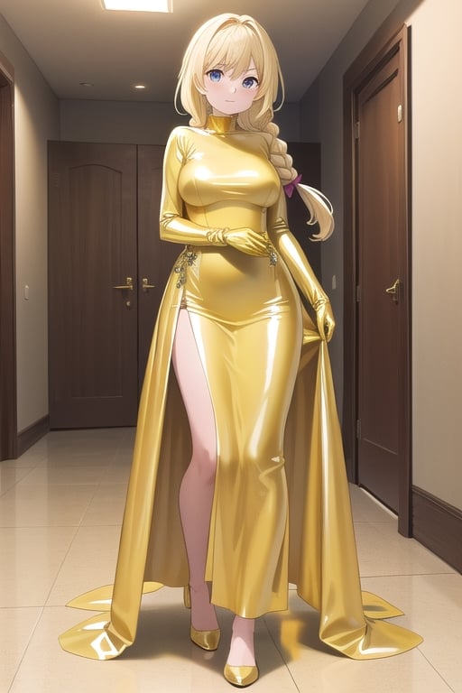 Big gold latex ballgown dress, gold latex gloves, hair with Pull-Through Braid Ponytail with very enormous gold latex bow, closed skirt, long blonde hair, alicezuberg, 1girl, solo, standing, medium breasts, indoor, basement, looking at viewer, fullbody,  ENTIRE PLANE, (extremely detailed CG unity 8k wallpaper), (ultra-detailed), (best illustration), (best shadow), (an extremely delicat EEe and beautiful), finely detail, (shine),