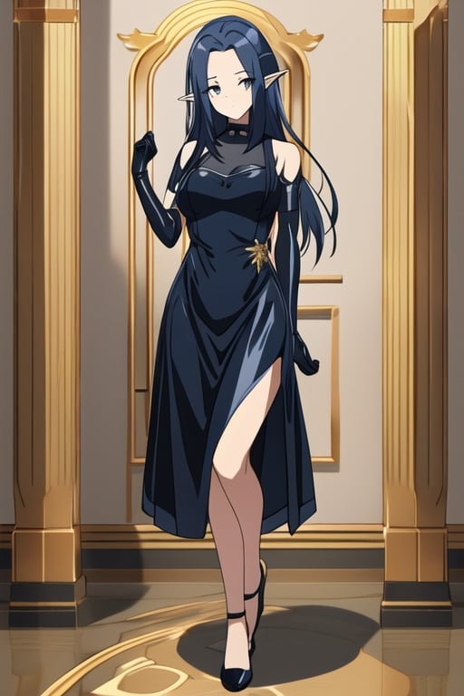 Black latex dress, black gloves, GAMMA, elf ears, dark blue hair, 1girl, solo, medium breasts, standing, looking at viewer, indoor, golden basement, fullbody, (extremely detailed CG unity 8k wallpaper), (ultra-detailed), (best illustration),(best shadow), (an extremely delicate and beautiful), finely detail, (shine),
