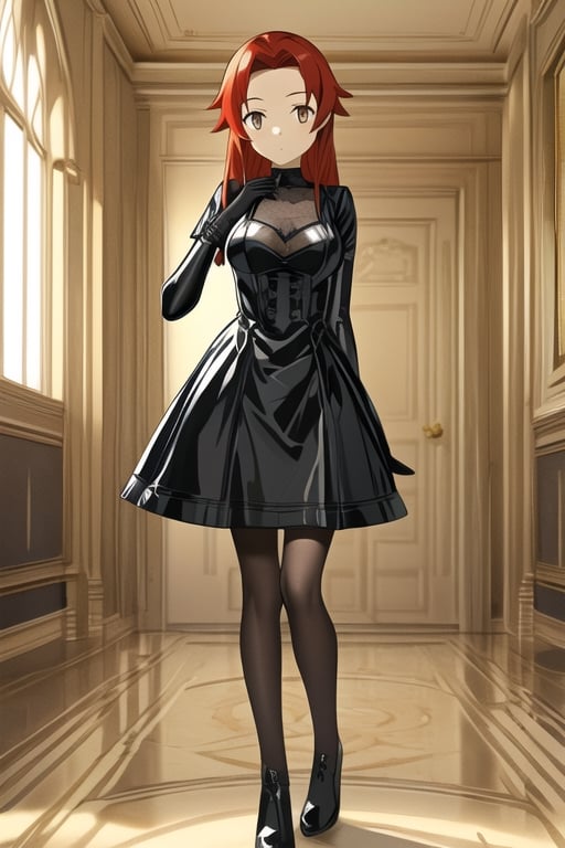 Black latex dress, black gloves, tiese, 1girl, solo, medium breasts, standing, looking at viewer, indoor, golden basement, fullbody, (extremely detailed CG unity 8k wallpaper), (ultra-detailed), (best illustration),(best shadow), (an extremely delicate and beautiful), finely detail, (shine),