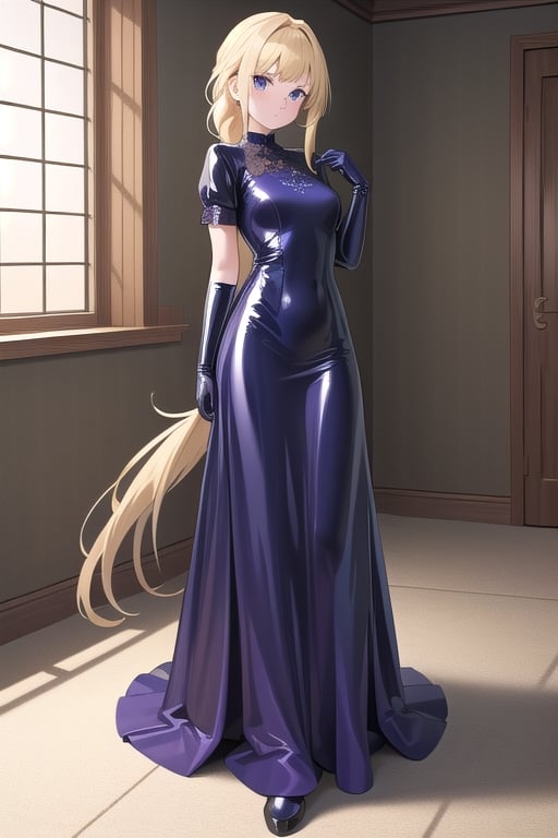 Big dark purple latex ballgown dress, dark purple latex gloves, hair with Pull-Through Braid Ponytail with very enormous dark blue latex bow, closed skirt, long blonde hair, alicezuberg, 1girl, solo, standing, medium breasts, indoor, basement, looking at viewer, fullbody,  ENTIRE PLANE, (extremely detailed CG unity 8k wallpaper), (ultra-detailed), (best illustration), (best shadow), (an extremely delicat EEe and beautiful), finely detail, (shine),