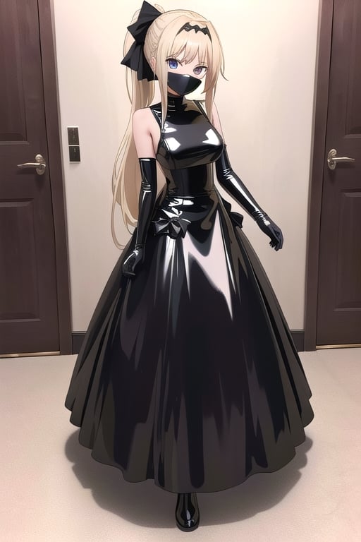 Black latex dress with long ball gown skirt, huge black latex bow at the waist, long black latex gloves, high black latex booties, long blonde hair with ponytail with enormous latex bow, Alicezuberg, 1girl, solo, medium breasts, standing, looking at viewer, indoor, basement, blue color basement, fullbody, ENTIRE PLANE, (extremely detailed CG unity 8k wallpaper), (ultra-detailed), (best illustration), (best shadow), (an extremely delicat EEe and beautiful), finely detail, (shine), 