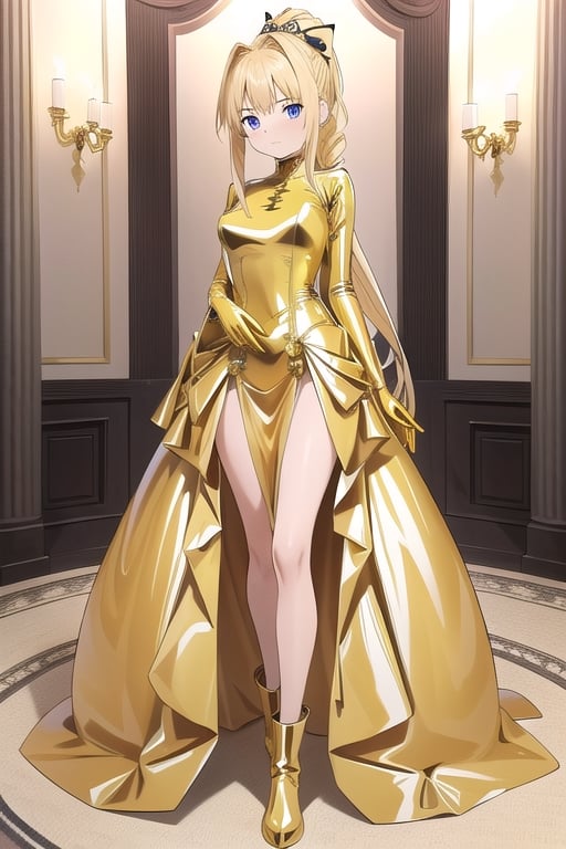 Gold latex dress with long ball gown skirt, huge gold latex bow at the waist, long gold latex gloves, high gold latex booties, long blonde hair with ponytail with enormous gold latex bow, Alicezuberg, 1girl, solo, medium breasts, standing, looking at viewer, indoor, gold color basement, fullbody, ENTIRE PLANE, (extremely detailed CG unity 8k wallpaper), (ultra-detailed), (best illustration), (best shadow), (an extremely delicat EEe and beautiful), finely detail, (shine), ,Alicezuberg 