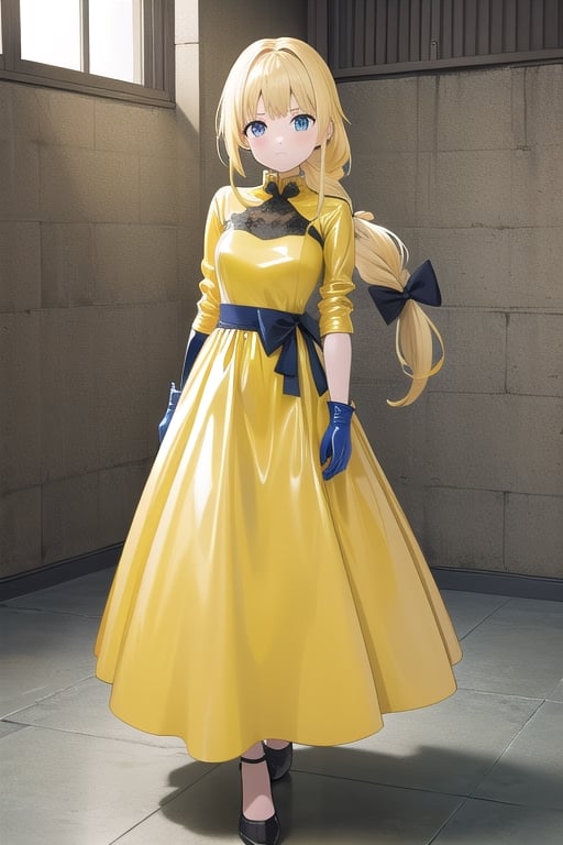 Big yellow latex ballgown dress, yellow latex gloves, hair with Pull-Through Braid Ponytail with very enormous dark blue latex bow, closed skirt, long blonde hair, alicezuberg, 1girl, solo, standing, medium breasts, indoor, basement, looking at viewer, fullbody,  ENTIRE PLANE, (extremely detailed CG unity 8k wallpaper), (ultra-detailed), (best illustration), (best shadow), (an extremely delicat EEe and beautiful), finely detail, (shine),