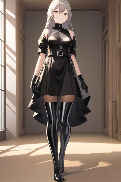 Black latex dress, black gloves, bronyarand, 1girl, solo, medium breasts, standing, looking at viewer, indoor, golden basement, fullbody, (extremely detailed CG unity 8k wallpaper), (ultra-detailed), (best illustration),(best shadow), (an extremely delicate and beautiful), finely detail, (shine),