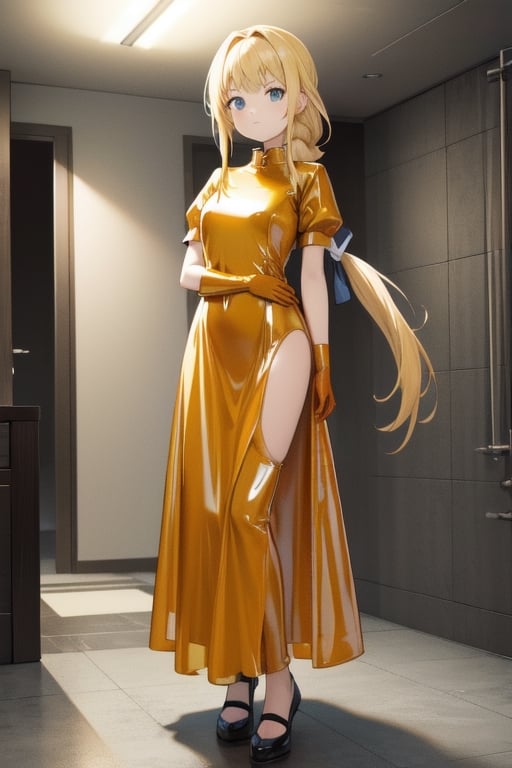 Big orange latex ballgown dress, orange latex gloves, hair with Pull-Through Braid Ponytail with very enormous dark blue latex bow, closed skirt, long blonde hair, alicezuberg, 1girl, solo, standing, medium breasts, indoor, basement, looking at viewer, fullbody,  ENTIRE PLANE, (extremely detailed CG unity 8k wallpaper), (ultra-detailed), (best illustration), (best shadow), (an extremely delicat EEe and beautiful), finely detail, (shine),