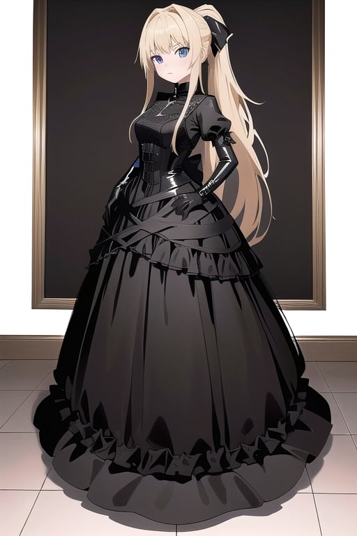 Black latex dress with long ball gown skirt, huge black latex bow at the waist, long black latex gloves, high black latex booties, long blonde hair with ponytail with very enormous black latex bow, Alicezuberg, 1girl, solo, medium breasts, indoor, black basement, standing, looking at viewer, fullbody, ENTIRE PLANE, (extremely detailed CG unity 8k wallpaper), (ultra-detailed), (best illustration), (best shadow), (an extremely delicat EEe and beautiful), finely detail, (shine), ,Alicezuberg 