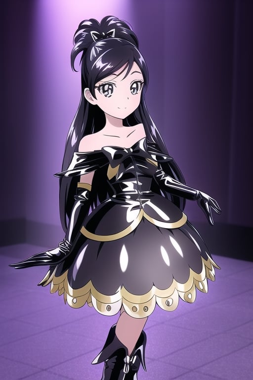 black latex dress, black high boots, long black gloves, cure white, 1girl, solo, medium breasts, standing, looking at viewer, indoor, golden basement, fullbody, (extremely detailed CG unity 8k wallpaper), (ultra-detailed), (best illustration), (best shadow), (an extremely delicate and beautiful), finely detail, (shine),