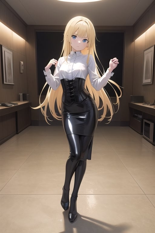 black latex long pencil skirt, black shirt, black latex Corset top, long blonde hair, alicezuberg, 1girl, solo, standing, medium breasts, indoor, dance room, looking at viewer, fullbody,  ENTIRE PLANE, (extremely detailed CG unity 8k wallpaper), (ultra-detailed), (best illustration), (best shadow), (an extremely delicat EEe and beautiful), finely detail, (shine),