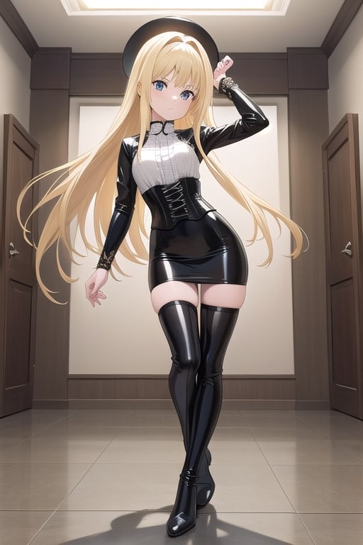 black latex long pencil skirt, black shirt, black latex Corset top, black thigh high boots long blonde hair, alicezuberg, 1girl, solo, standing, medium breasts, indoor, dance room, looking at viewer, fullbody,  ENTIRE PLANE, (extremely detailed CG unity 8k wallpaper), (ultra-detailed), (best illustration), (best shadow), (an extremely delicat EEe and beautiful), finely detail, (shine),