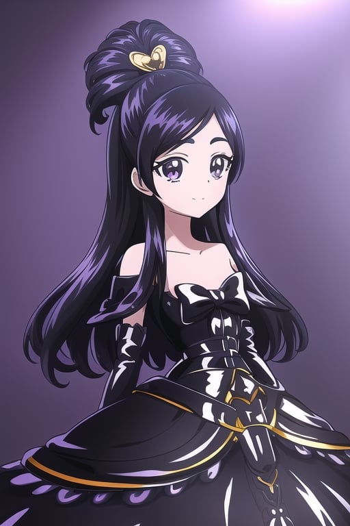 black latex wedding dress, black high boots, long black gloves, cure white, 1girl, solo, medium breasts, standing, looking at viewer, indoor, golden basement, fullbody, (extremely detailed CG unity 8k wallpaper), (ultra-detailed), (best illustration), (best shadow), (an extremely delicate and beautiful), finely detail, (shine),