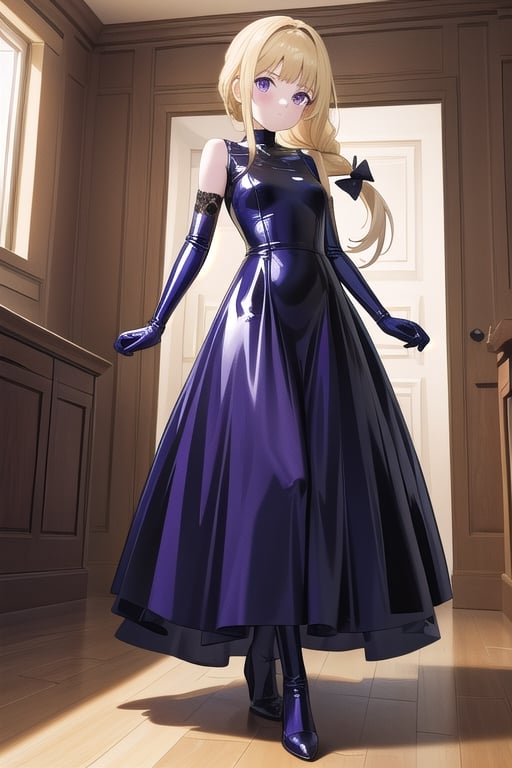 Big dark purple latex ballgown dress, dark purple latex gloves, hair with Pull-Through Braid Ponytail with very enormous dark blue latex bow, closed skirt, long blonde hair, alicezuberg, 1girl, solo, standing, medium breasts, indoor, basement, looking at viewer, fullbody,  ENTIRE PLANE, (extremely detailed CG unity 8k wallpaper), (ultra-detailed), (best illustration), (best shadow), (an extremely delicat EEe and beautiful), finely detail, (shine),