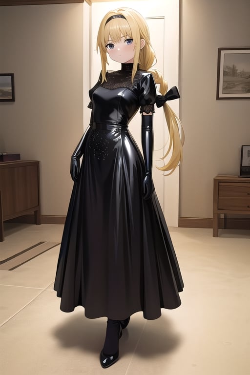 Big black latex ballgown dress, black latex gloves, hair with Pull-Through Braid Ponytail with very enormous black latex bow, closed skirt, long blonde hair, alicezuberg, 1girl, solo, standing, medium breasts, indoor, basement, looking at viewer, fullbody,  ENTIRE PLANE, (extremely detailed CG unity 8k wallpaper), (ultra-detailed), (best illustration), (best shadow), (an extremely delicat EEe and beautiful), finely detail, (shine),