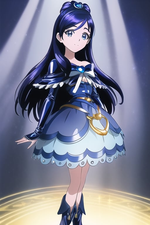 dark blue latex dress, dark blue high boots, long dark blue gloves, cure white, long black hair, 1girl, solo, medium breasts, standing, looking at viewer, indoor, golden basement, fullbody, (extremely detailed CG unity 8k wallpaper), (ultra-detailed), (best illustration), (best shadow), (an extremely delicate and beautiful), finely detail, (shine),