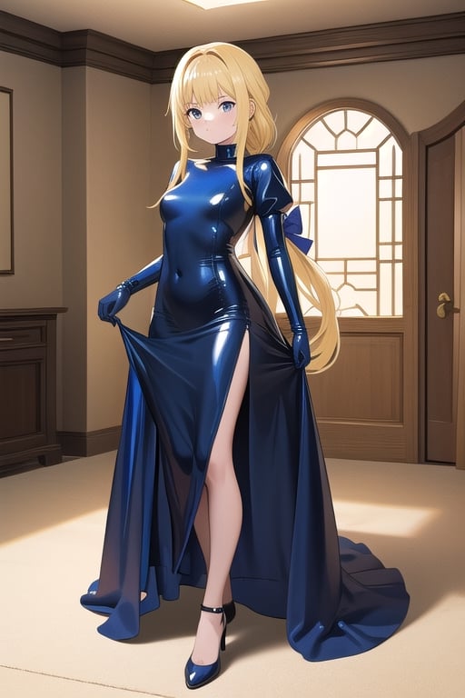 Big dark blue latex ballgown dress, dark blue latex gloves, hair with Pull-Through Braid Ponytail with very enormous dark blue latex bow, closed skirt, long blonde hair, alicezuberg, 1girl, solo, standing, medium breasts, indoor, basement, looking at viewer, fullbody,  ENTIRE PLANE, (extremely detailed CG unity 8k wallpaper), (ultra-detailed), (best illustration), (best shadow), (an extremely delicat EEe and beautiful), finely detail, (shine),