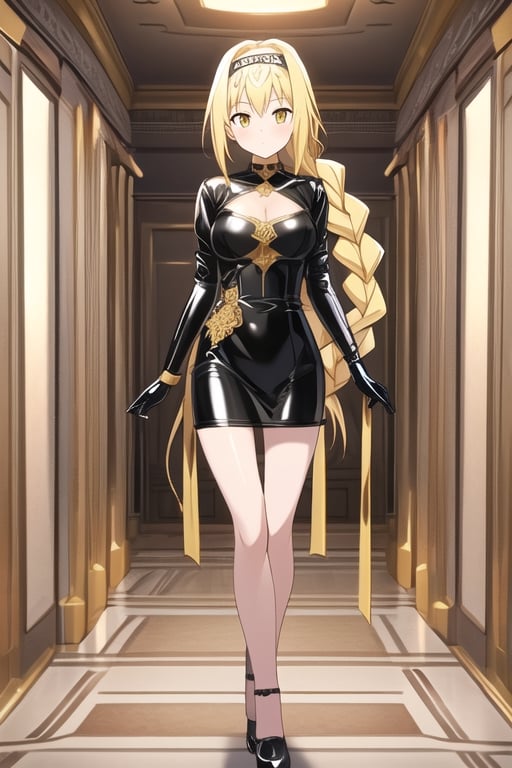 Black latex dress, black gloves, Alice Zuberg, 1girl, solo, blonde hair, braided ponytail with golden bow, standing, looking at viewer, indoor, golden basement, fullbody, (extremely detailed CG unity 8k wallpaper), (ultra-detailed), (best illustration),(best shadow), (an extremely delicate and beautiful), finely detail, (shine),