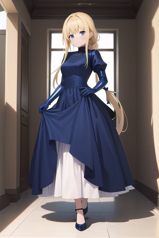 Big dark blue latex ballgown dress, dark blue latex gloves, hair with Pull-Through Braid Ponytail with very enormous dark blue latex bow, closed skirt, long blonde hair, alicezuberg, 1girl, solo, standing, medium breasts, indoor, basement, looking at viewer, fullbody,  ENTIRE PLANE, (extremely detailed CG unity 8k wallpaper), (ultra-detailed), (best illustration), (best shadow), (an extremely delicat EEe and beautiful), finely detail, (shine),