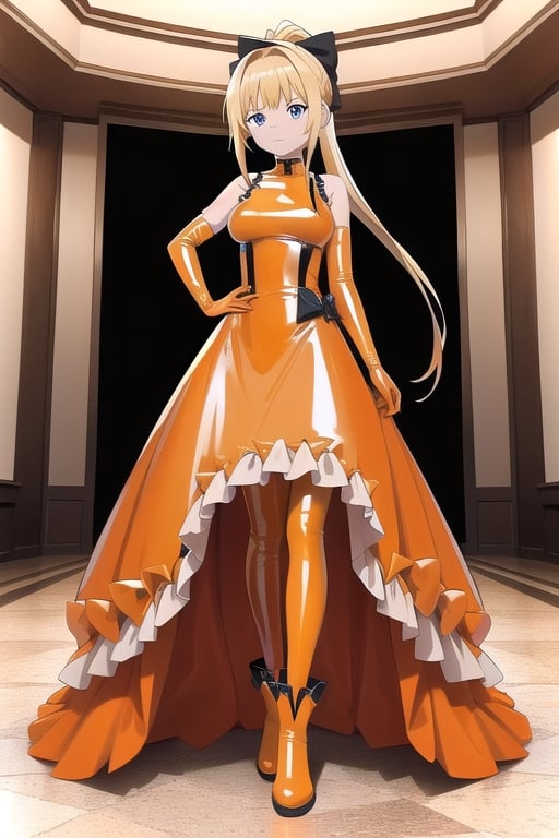 Orange latex dress with long ball gown skirt, huge orange latex bow at the waist, long orange latex gloves, high orange latex booties, long blonde hair with ponytail with enormous orange latex bow, Alicezuberg, 1girl, solo, medium breasts, indoor, orange basement, standing, looking at viewer, fullbody, ENTIRE PLANE, (extremely detailed CG unity 8k wallpaper), (ultra-detailed), (best illustration), (best shadow), (an extremely delicat EEe and beautiful), finely detail, (shine),