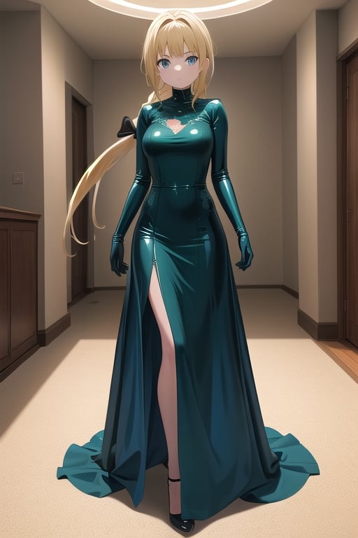Big dark green latex ballgown dress, dark green latex gloves, hair with Pull-Through Braid Ponytail with very enormous dark blue latex bow, closed skirt, long blonde hair, alicezuberg, 1girl, solo, standing, medium breasts, indoor, basement, looking at viewer, fullbody,  ENTIRE PLANE, (extremely detailed CG unity 8k wallpaper), (ultra-detailed), (best illustration), (best shadow), (an extremely delicat EEe and beautiful), finely detail, (shine),