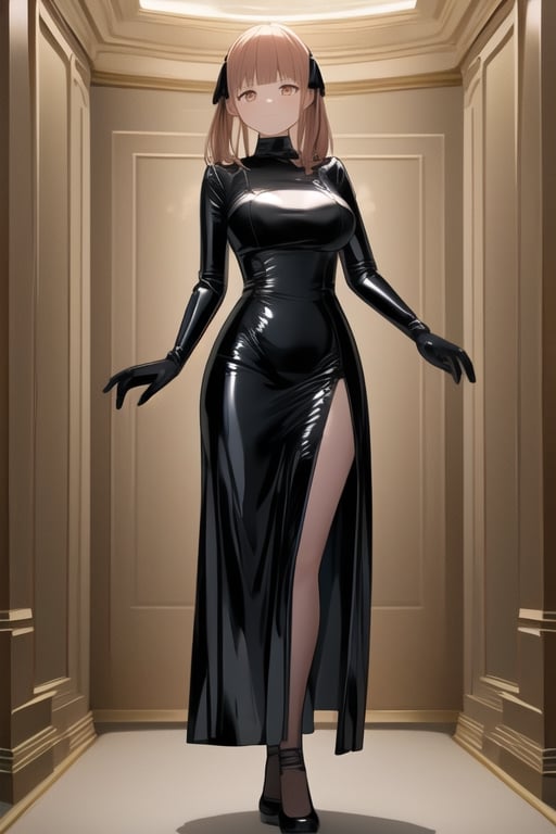 Black latex dress, black gloves, nino nakano,1girl, solo, medium breasts, standing, looking at viewer, indoor, golden basement, fullbody, (extremely detailed CG unity 8k wallpaper), (ultra-detailed), (best illustration),(best shadow), (an extremely delicate and beautiful), finely detail, (shine),