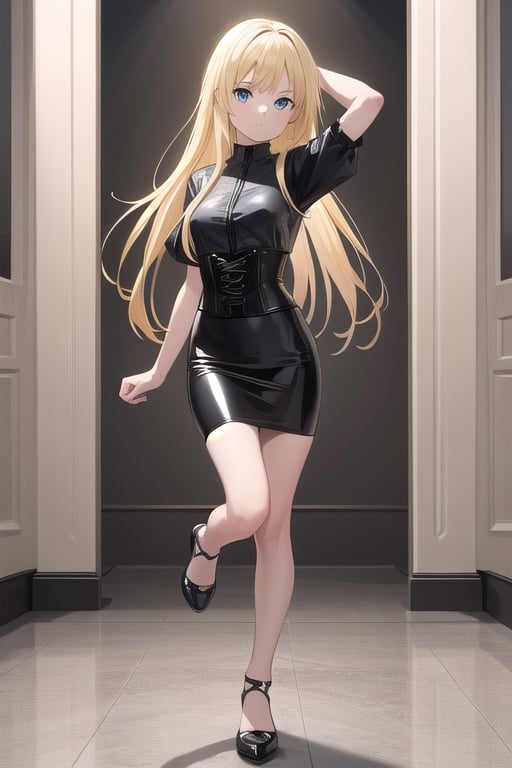 black latex long pencil skirt, black shirt, black latex Corset top, long blonde hair, alicezuberg, 1girl, solo, standing, medium breasts, indoor, dance room, looking at viewer, fullbody,  ENTIRE PLANE, (extremely detailed CG unity 8k wallpaper), (ultra-detailed), (best illustration), (best shadow), (an extremely delicat EEe and beautiful), finely detail, (shine),