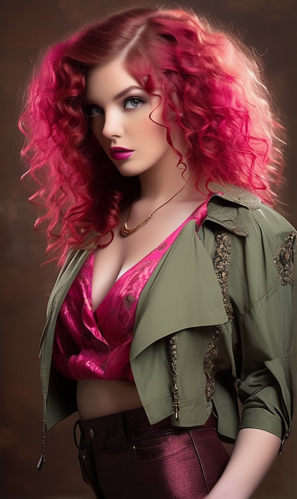 A photo of a female curvy Indiana Jones (her cropped jacket is open), (((blouse open))), (((full body))), full lips, leaning forward, long dark pink curly hair, sharp focus, studio shot, intricate details, very detailed,