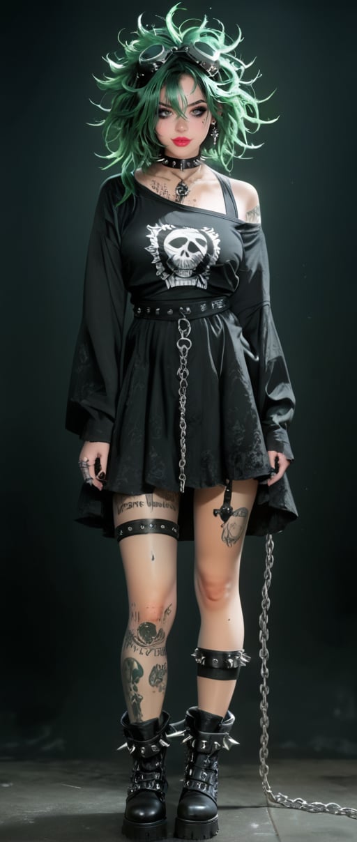 Gothic woman, soft beauty, dark makeup, piercings, full body, toxic green hair, spiked goggles on head,messy hair, messy bangs, piercing gaze, large spiked boots, chains