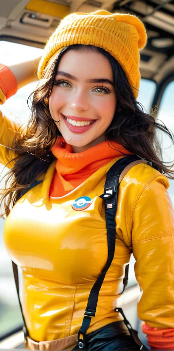 masterpiece, best quality, solo, 1girl, smile, laugh, looking at viewer, beanie, yellow long sleeves, large breasts, leotard, pilot suit, suspenders,