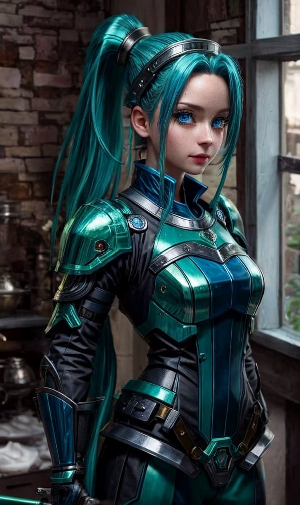 vibrant colors, woman, medium breast, masterpiece, sharp focus, best quality, depth of field, cinematic lighting, blue eyes, green hair, hair between eyes, ponytail, hairclip, armored maid outfit, indoors, long hair,