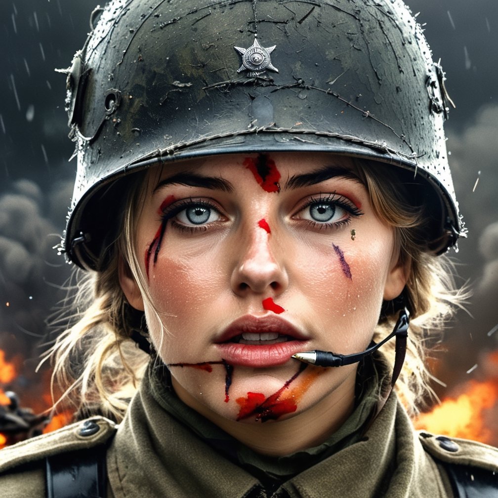 German woman Soldier, World War one, closeup, tired face, tired, exhausted, raining, battlefield, explosions, bullets flying, airplanes bombarding, airplanes, barbed wire, ultra realistic, 4k, intricate details, highly detailed, photoreal), Neon Digital Art, Minimalist Style, Movie Grain, Bloom,more detail XL,Real