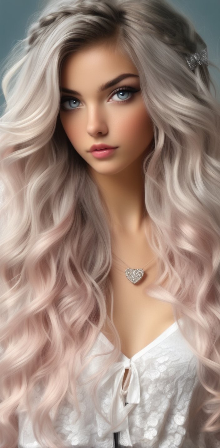 1girl, solo, long hair, looking at viewer, shirt, bow, jewelry, white shirt, (((upper full body))), whitelile hair, hair bow, lips, grey eyes, wavy lile hair, realistic
