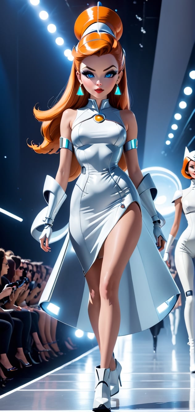 Woman resembling Judy Jetson in a futuristic fashion show: Dressed in space-age clothing, strutting the runway at a futuristic fashion event. (Camera: Catwalk-side shot highlighting Judy's futuristic fashion and confident walk.)