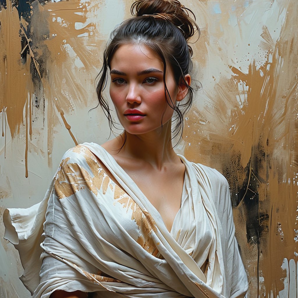 photo of a gorgeous young woman in the style of Guy Denning, draped in flowing fabric, warm impasto brush strokes, realistic, sharp focus, 8k high definition, insanely detailed, intricate, elegant, art by Tim Okamura and Jeremy Mann