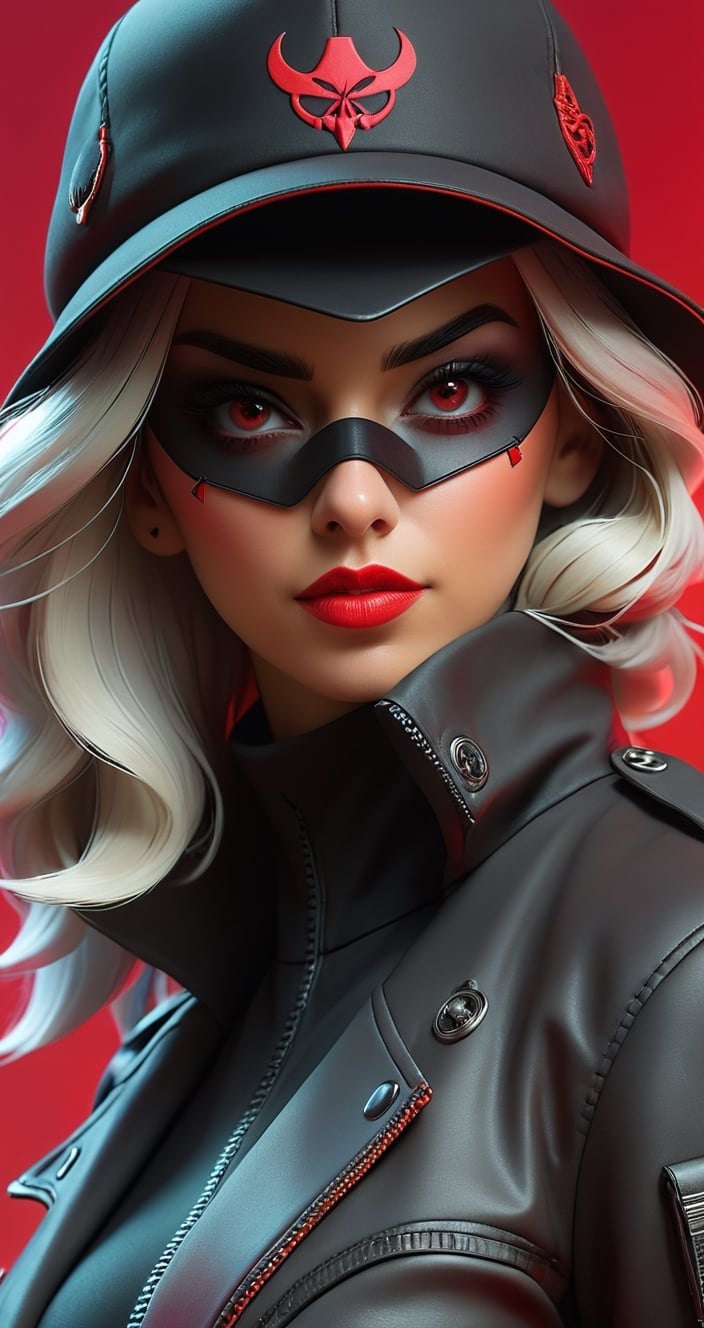 a close up of a person wearing a hat and a jacket, with red haze, villainess, cyberpunk vibes, dark natasha, on a red background, has cyberpunk style, cyberpunk 2077”, she wear red eyed ((gasmask)), cyberpunk 2049, cyberpunk 2 0 4 9, cyberpunk girl, cyberpunk femme fatale, style of cyberpunk