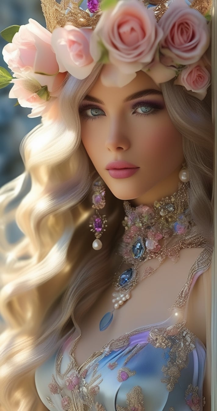 A graceful, elegant and sexy  game character, 2010s Decor style, with subtle makeup, Arcade 1990s Point And Click 16 Bit Adventure Game art by Mike Ploog, soft blue eyes, rosy pink lips, silky silver hair, delicate pearl accessories, a refined decoration, flowing wavy hairstyle, royal dynasty feature, shimmering amethyst fiber, a jeweled tiara, and graceful dark floral clothing