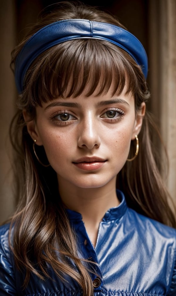 close up portrait of beautiful 28-years-old Italian woman, wearing a blue outfit, well-groomed model, candid street portrait in the style of Mario Testino award winning