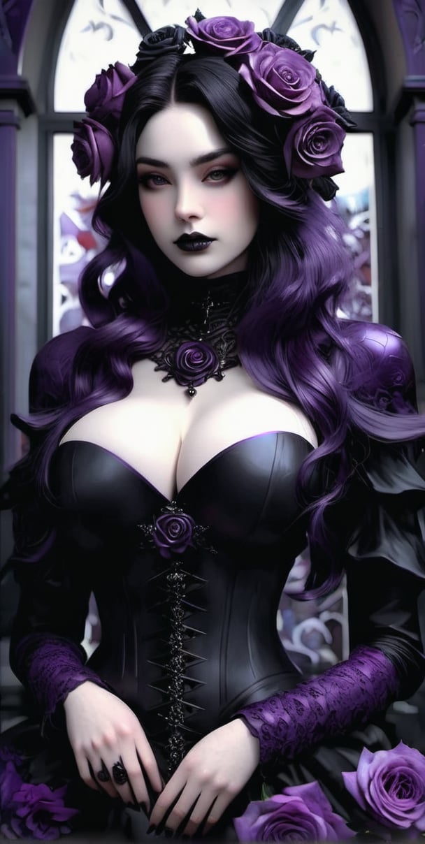 Photorealistic: Gothic Theme: Portrait a close up of a beautiful pale Gothic woman (((,solo, breast with Black and purple Roses on her, very beautiful Dark Gothic Theme, guweiz, intricate body, beautiful Dark fantasy, highly detailed Dark Gothic Dress, ((dark porcelain)) animated character; full body art, beeple and alphonse mucha)))