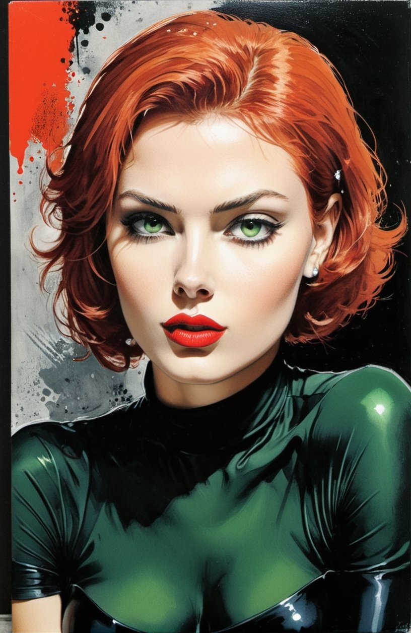 Green eyes, TANNED skin, Red lips, redhead short hair Black widow, ART noite BY Guido Crepax

