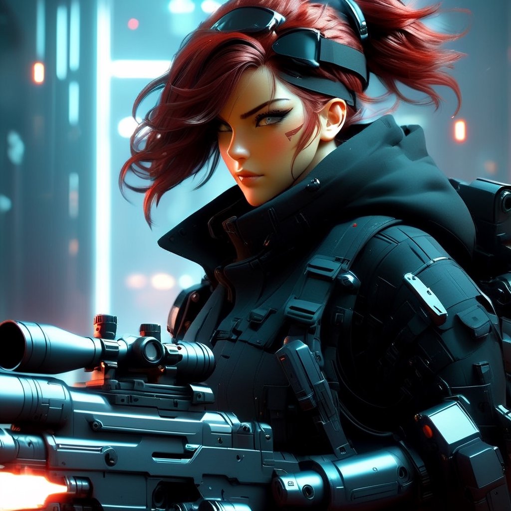 Digital anime art with attention to detail. CyberPunk, Action scene, cool woman soldier with short red hair and head-mounted display is shooting with a large heavy Gatling Swordgun. She is heavily armed in a black coat. She is grinning. Her arms are held in front of her. Gun Sword Action. Location is a Iron Room. Cinematic, anime, extremely complex, 8K rendering.