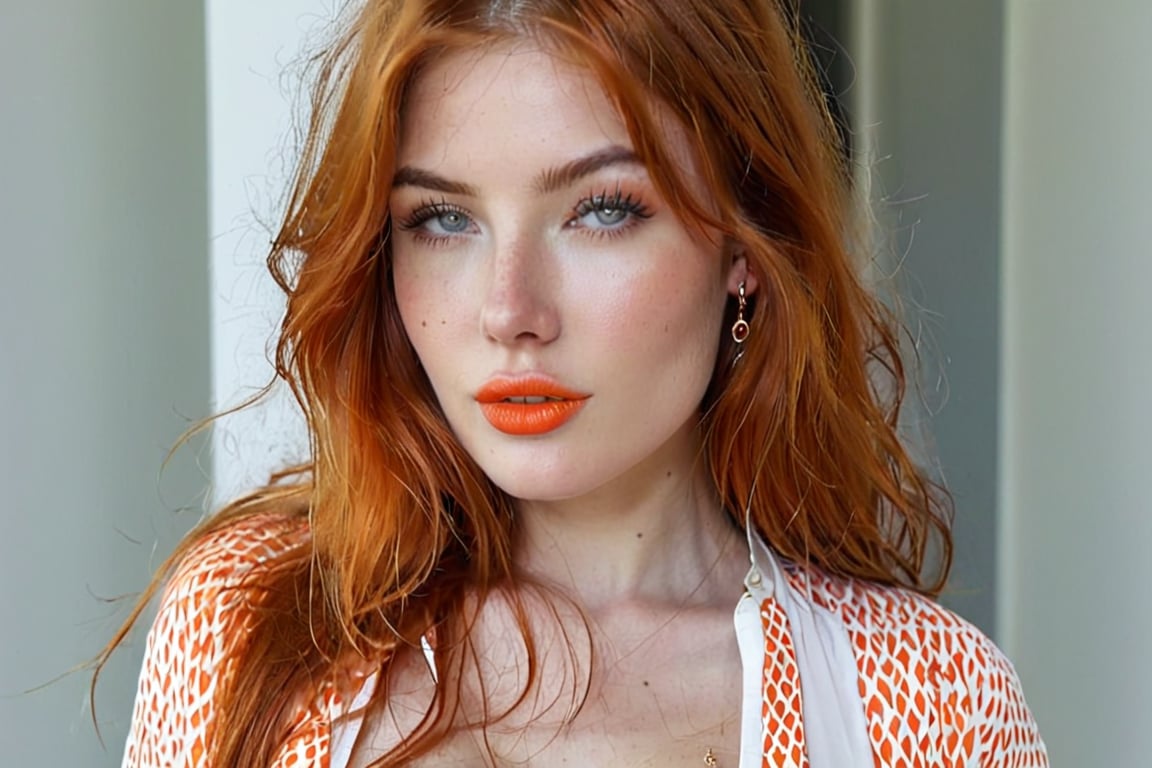 1girl, solo, long hair, breasts, looking at viewer, jewelry, earrings, parted lips, orange hair, lips, head tilt