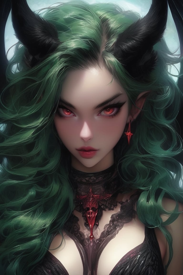 (best quality, masterpiece, colorful, dynamic angle, highest detailed)upper body photo, fashion photography of cute succubus girl, gothic, large demon red wings (high resolution textures), long green hair, (abstract art), half demon, crimson cat iris, cat eyes, vampire very long fangs, (intricate details, hyperdetailed:1.15), detailed, moonlight passing through hair, (official art, extreme detailed, highest detailed), real,art_booster