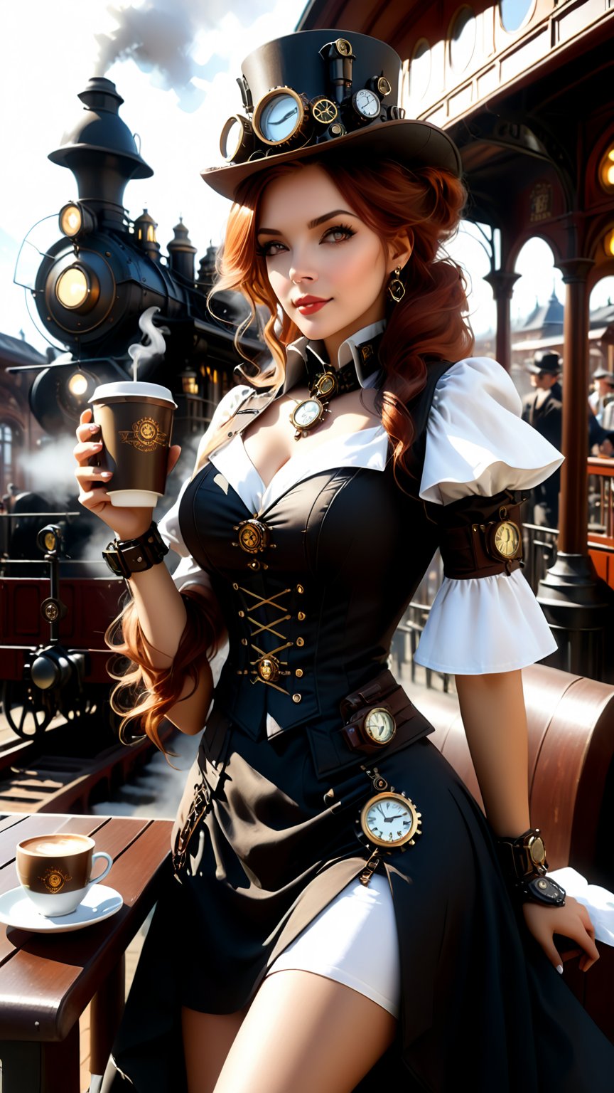 steampunkai。highest quality。masterpiece。detailed details。one woman。Traveler in steampunk style。Drinking coffee on the café terrace。The background is a steampunk style train station.。