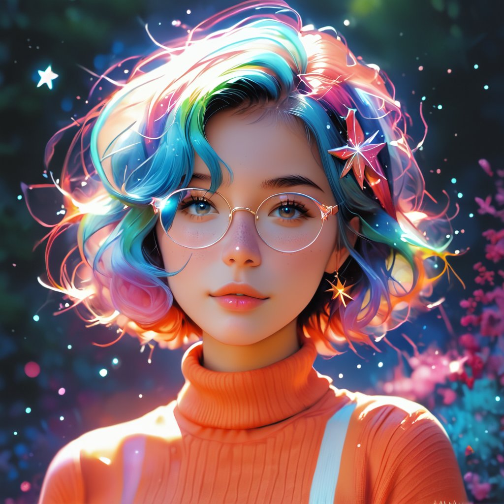  score_9, score_8_up, score_7_up,score_6_up, score_5_up, female character, solo, galaxy-themed clothing, turtleneck sweater, glasses,short hair, blue hair with a hint of purple, big round eyes, light abstract background, stars, constellations, trees silhouettes, vibrant colors, celestial, whimsical, portrait, colorful, modern art, Illustration,