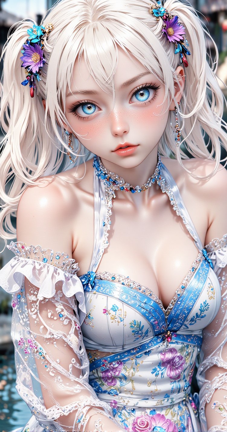 illustration, (anime coloring:1.1), (masterpiece:1.2), (best quality:1.2), newest, intricate details, ai-generated, 1girl, solo,camellya, white hair, twintails, hair ornament, blue eyes, jewelry, earrings, dress, navel cutout, flower, hair ring,Anime Style,Midjourney_Whisper