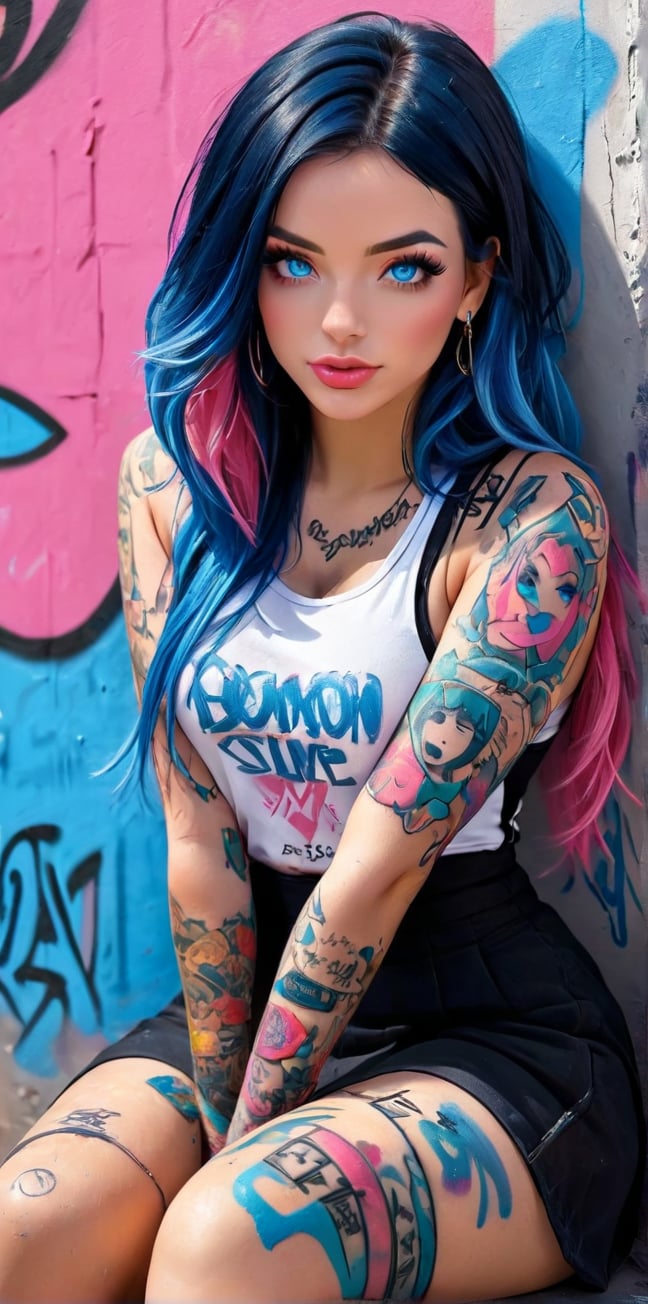 1girl, (((solo, long hair, looking at viewer, blue eyes, black hair, sitting, blue hair, pink hair, multicolored hair, two-tone hair,  female, lips, tattoo, makeup, realistic, nose, arm tattoo, body writing, dirty, paint, grafitti nijistyle
