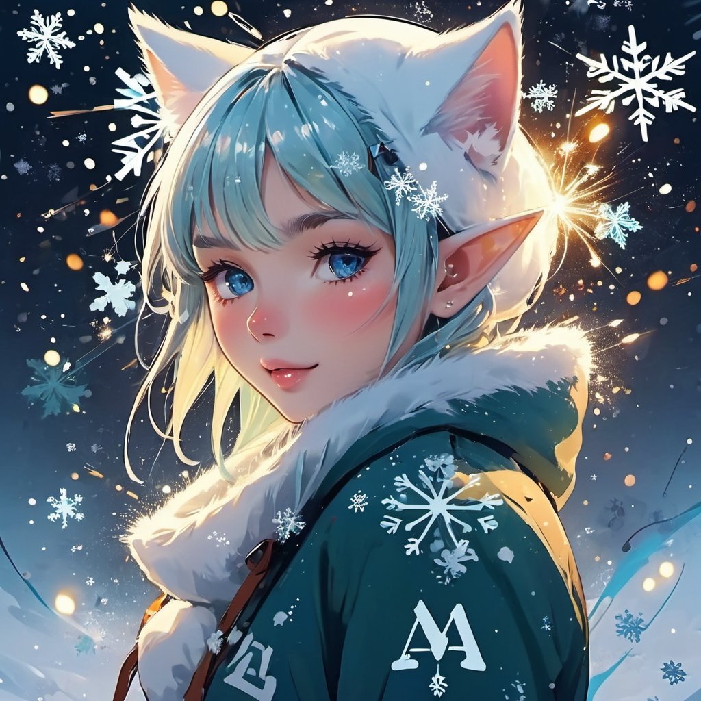 abstract background anime cat face light colors snowflakes and sparks letters graffiti winter elf girl