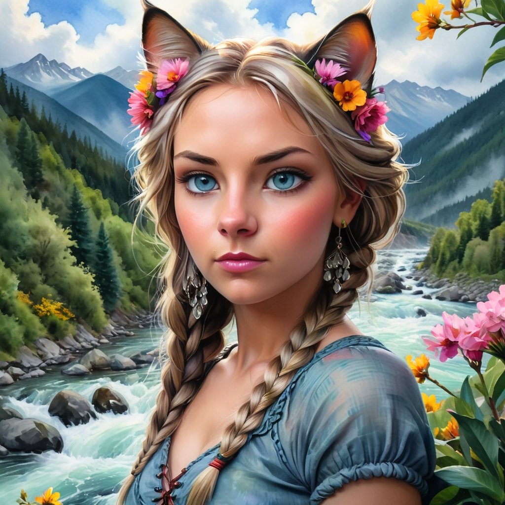 Cat Eyes big fluffy cat Ears braided hair woman Cat Eyes cat... watercolor in Shishkin style landscape, stormy river, bright flowers, sky, high mountains, dense trees, bridge, trending on artstation, sharp focus, studio photo, intricate details, highly detailed, by greg rutkowski