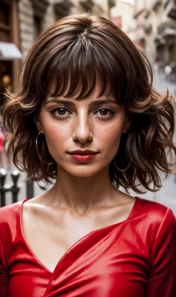 close up portrait of beautiful 35-years-old Italian woman, wearing a red outfit, well-groomed model, candid street portrait in the style of Mario Testino award winning