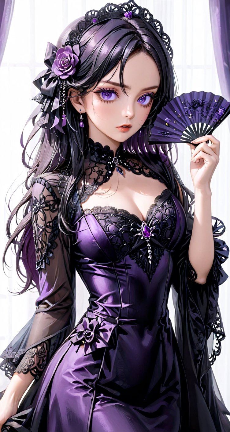 Gothic Glam: A model with jet-black hair in a gothic widow's peak and mesmerizing purple eyes holds a black lace fan. She's dressed in a flowing black gown, creating an air of mystery.